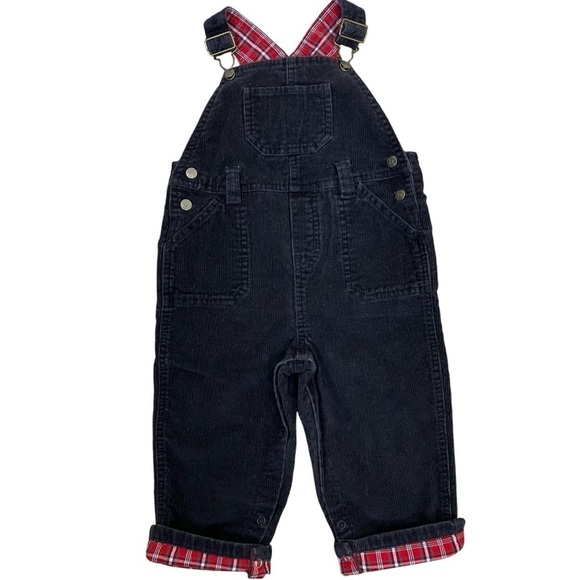 Greendog Vintage Corduroy Bib Style Overalls w Plaid Roll Cuff Black Red 24 mo - Picture 1 of 15